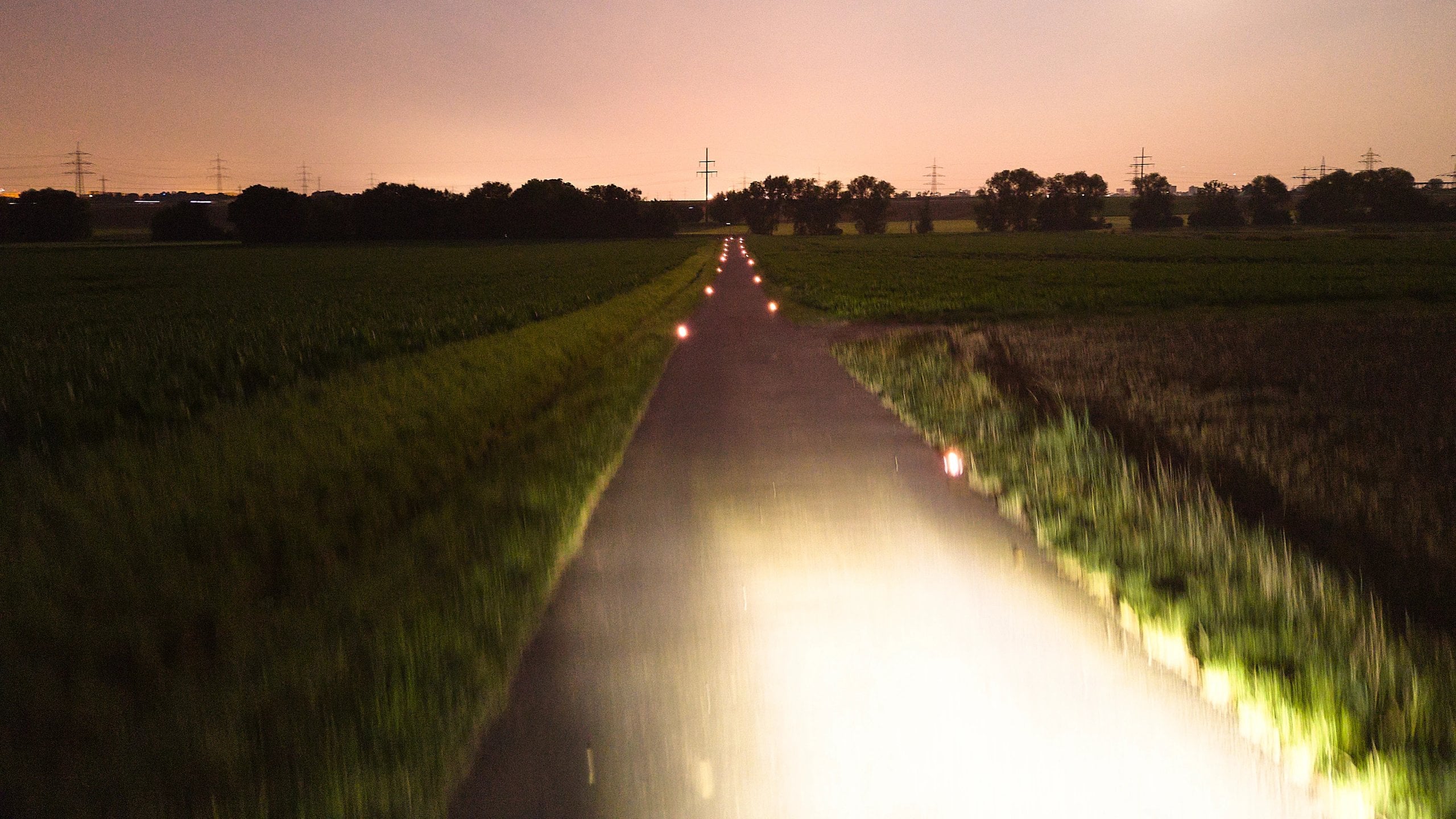 Cycle path at sunset, Road Studs lining the route to the horizon